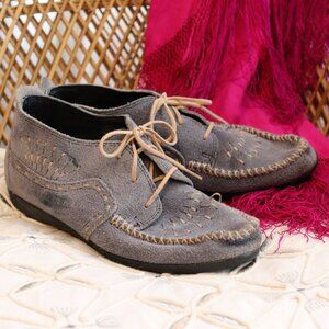 Vintage 1990s dusty blue suede leather Minnetonka bootie high top moccasin boots